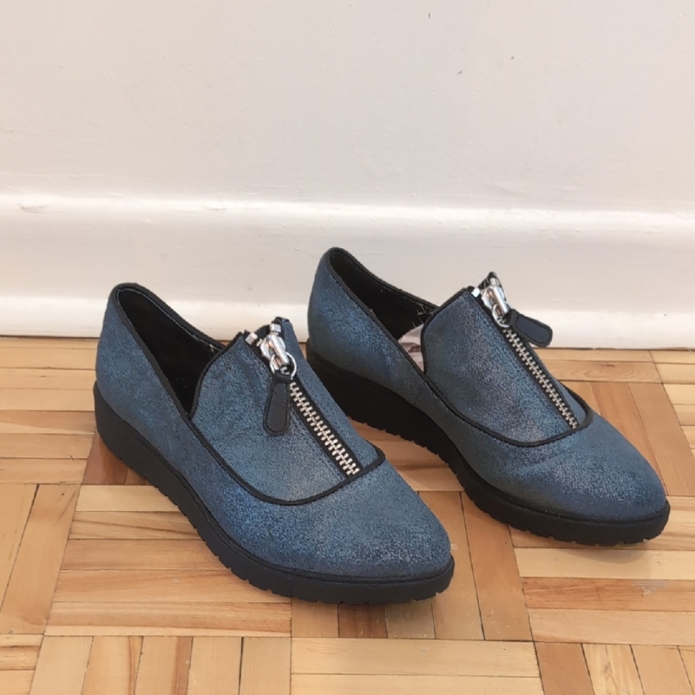 Shellys London Leather Blue Sparkly Loafers Comfortable Flats Size 37